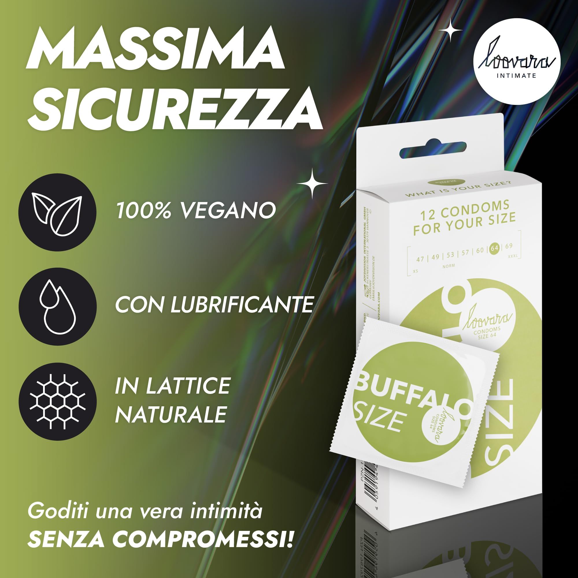 Confezione preservativi Loovara Buffalo XXL, 12 pezzi. Icone vegan, lubrificante, lattice naturale.