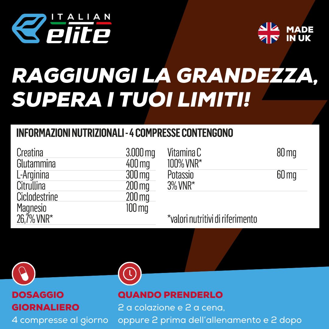 Informazioni nutrizionali per 4 compresse. Contiene creatina, glutammina, L-arginina, citrullina, ecc. Dosaggio: 4 compresse al giorno.