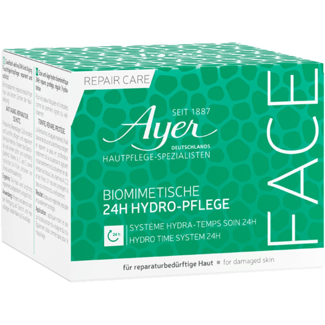 Scatola verde con testo bianco. Scritta: Ayer, 24h Hydro-Pflege. Cura del viso. Testo in tedesco e inglese.