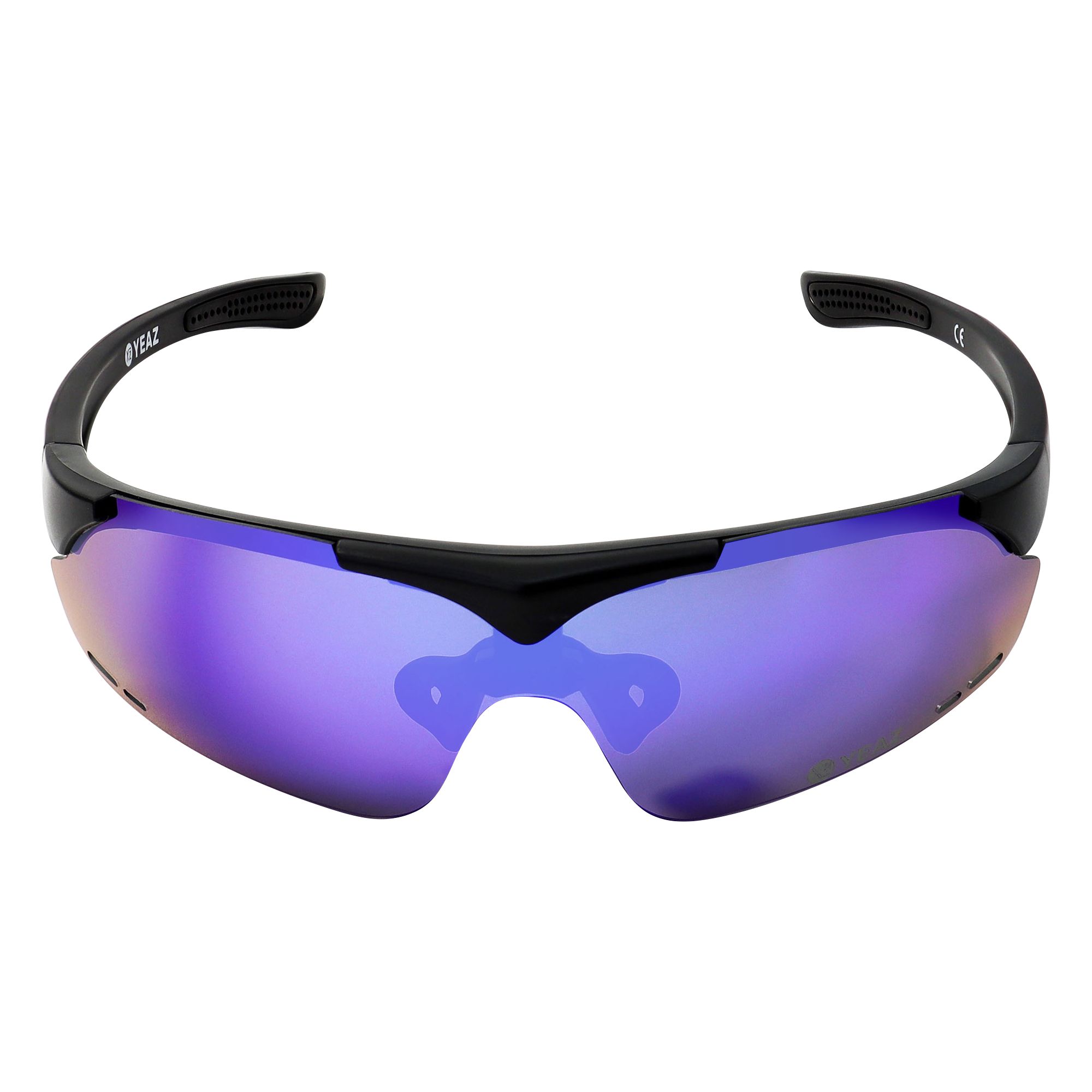 Occhiali da sole sportivi neri con lenti viola a specchio e marchio CE.