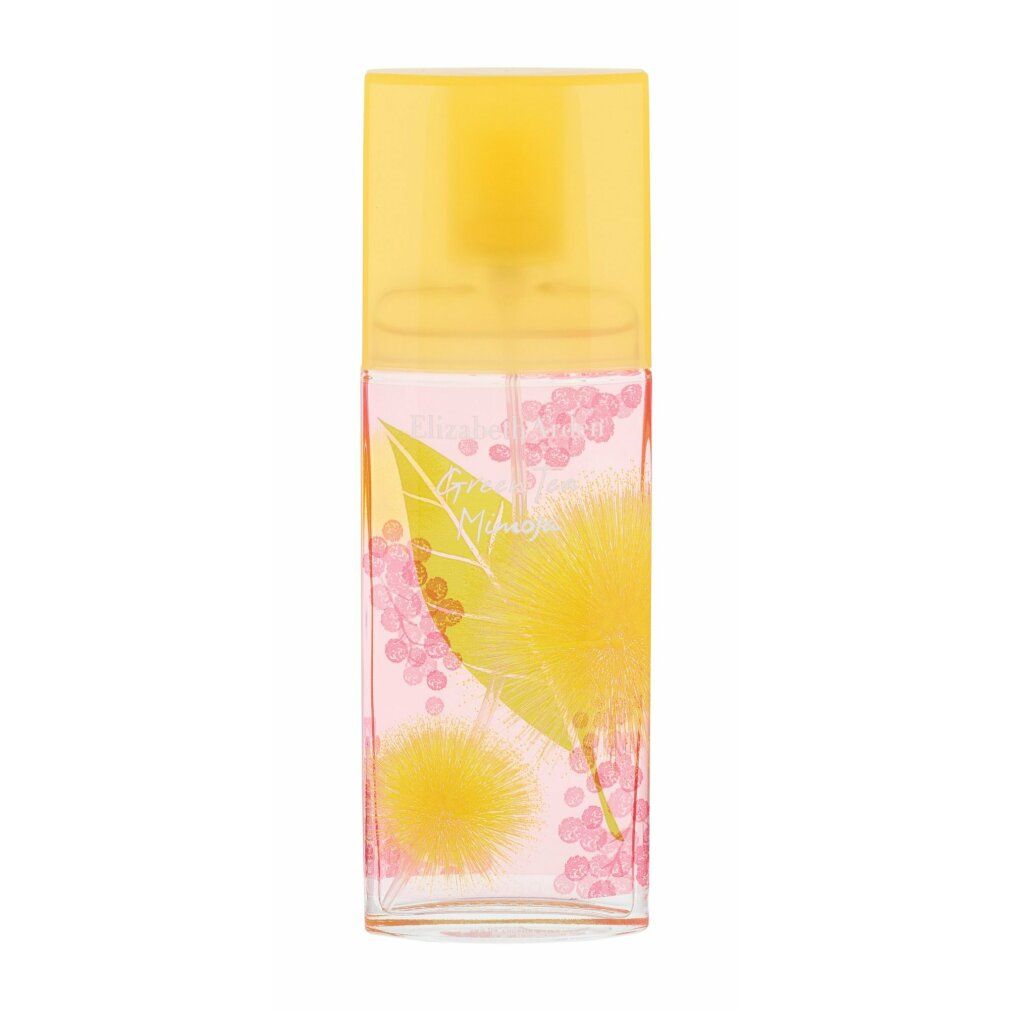 Flacone rettangolare con tappo giallo. Liquido rosa con design floreale. Scritta: Green Tea Mimosa.