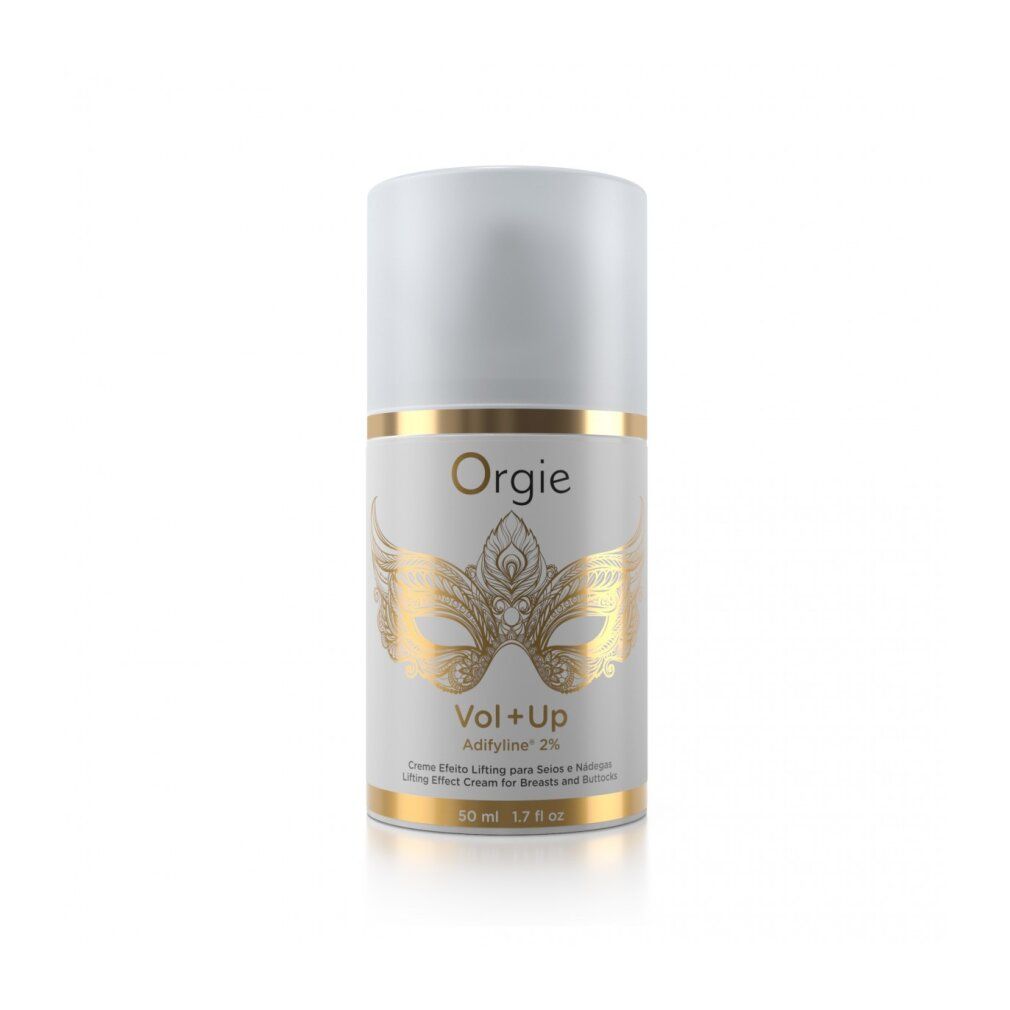 Flacone crema bianco, design maschera dorata. Scritta: Orgie, Vol+Up, Adifyline 2%. Crema per seno e glutei.