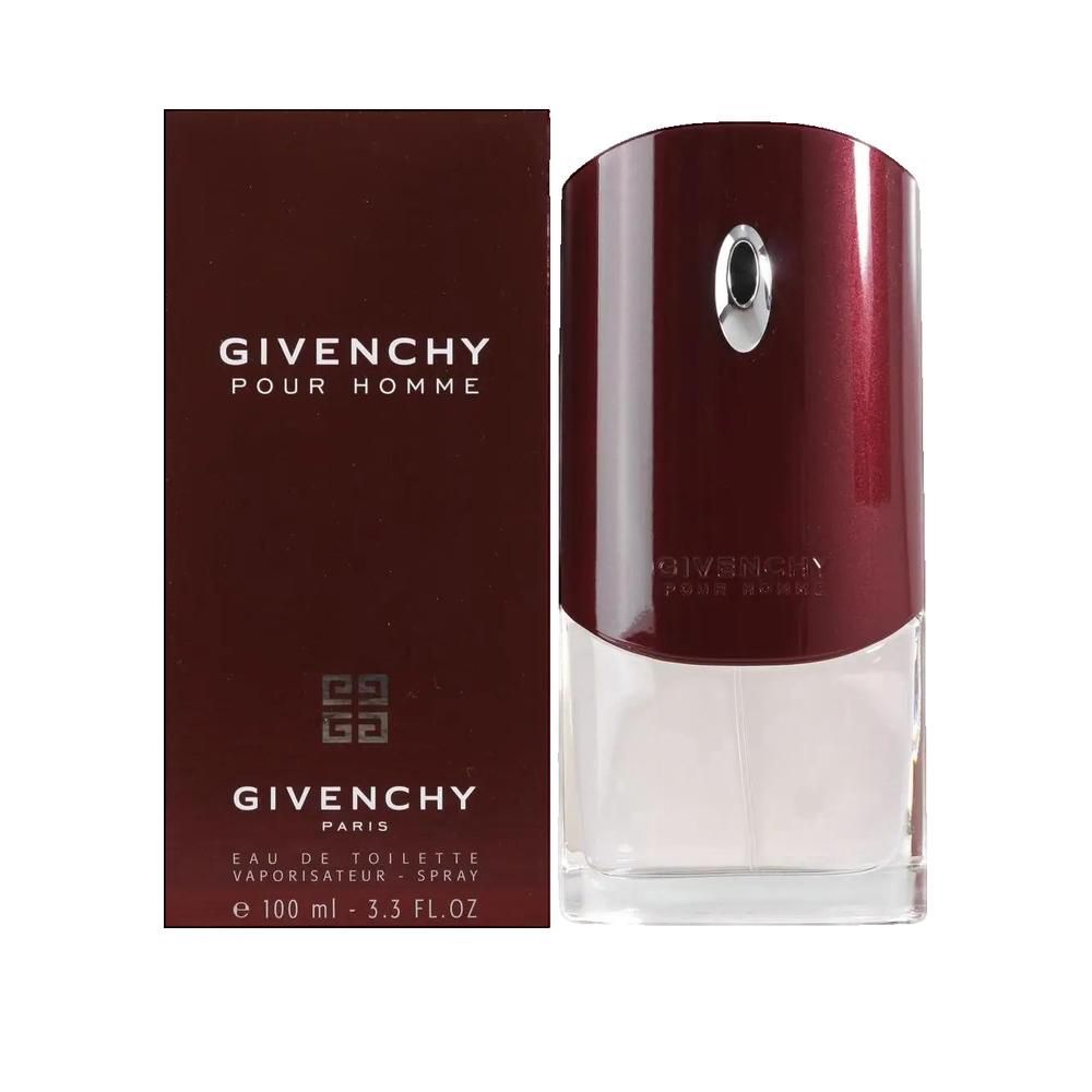 Givenchy Pour Homme Eau de Toilette. Flacone e confezione rossi. Logo e scritta Givenchy.