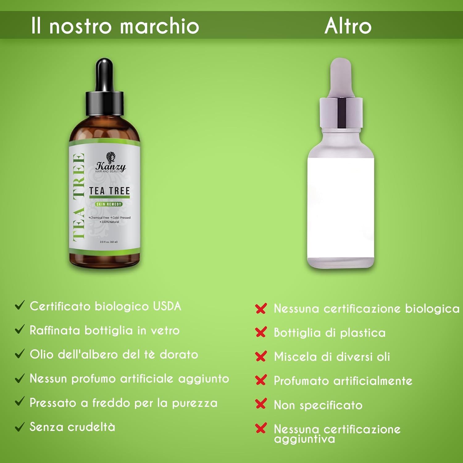 Confronto tra Kanzy Tea Tree Oil e un'altra bottiglia. Certificazione USDA, bottiglia di vetro, pressato a freddo.