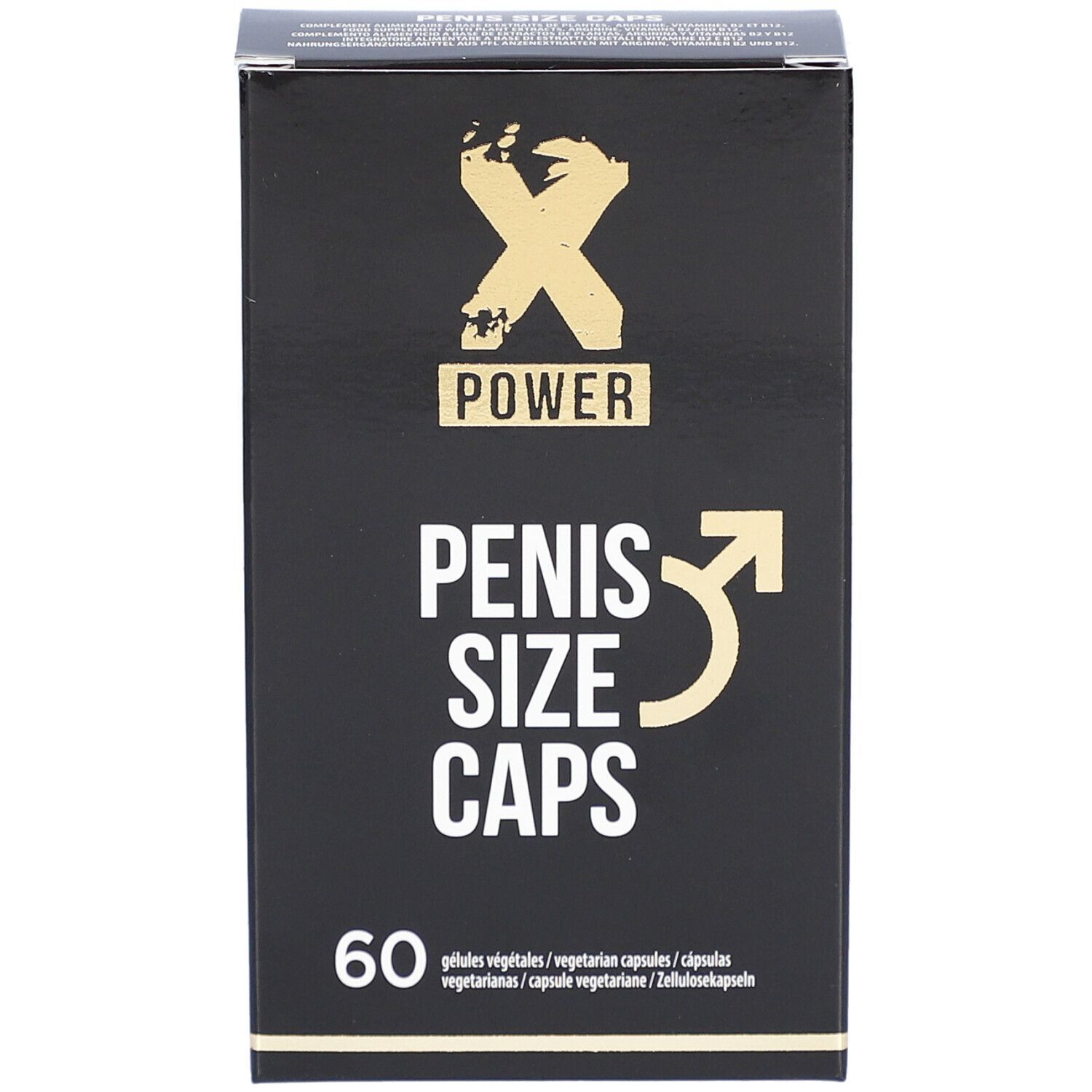 Scatola nera con logo "X POWER" e scritta "PENIS SIZE CAPS". Contiene 60 capsule.