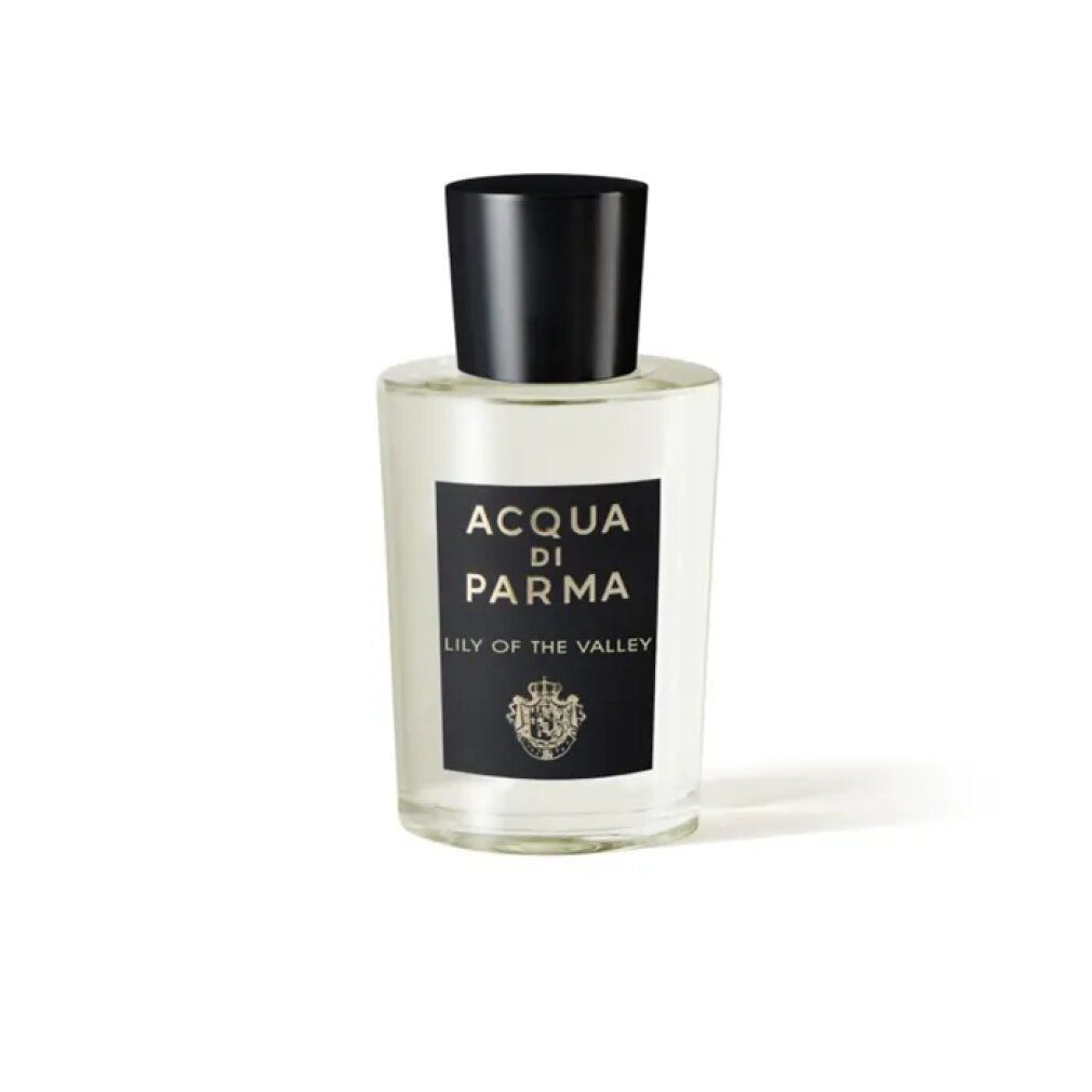 Flacone di profumo con tappo nero. Su etichetta nera: Acqua di Parma, Lily of the Valley. Logo dorato.