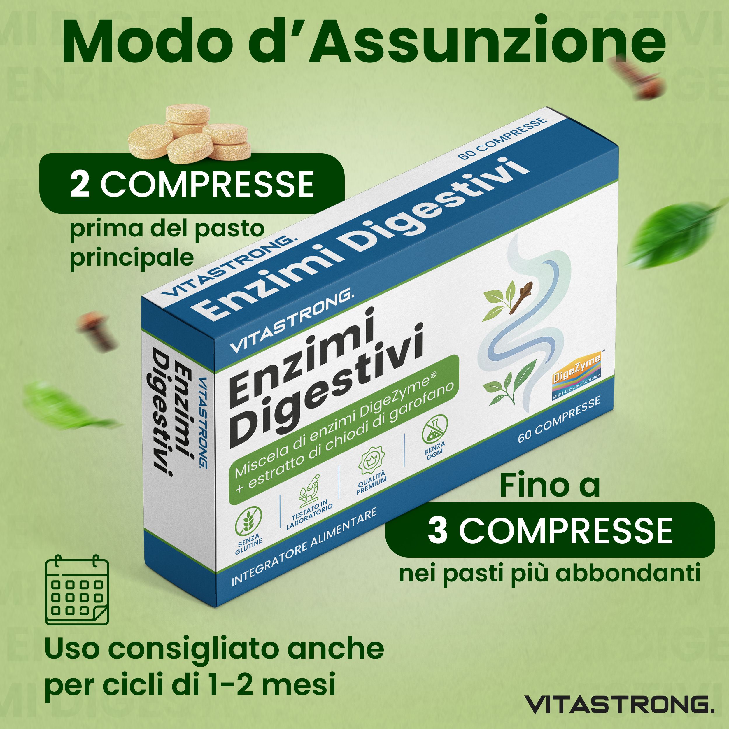 Confezione del prodotto con compresse. Testo: Enzimi Digestivi. Contiene 60 compresse. Assunzione: 2 compresse.