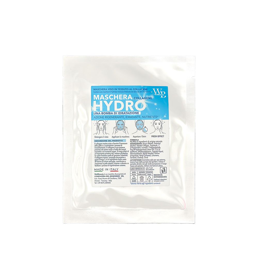 Maschera viso singola, confezione bianca. Testo blu con informazioni sul prodotto. Prodotto in Italia.