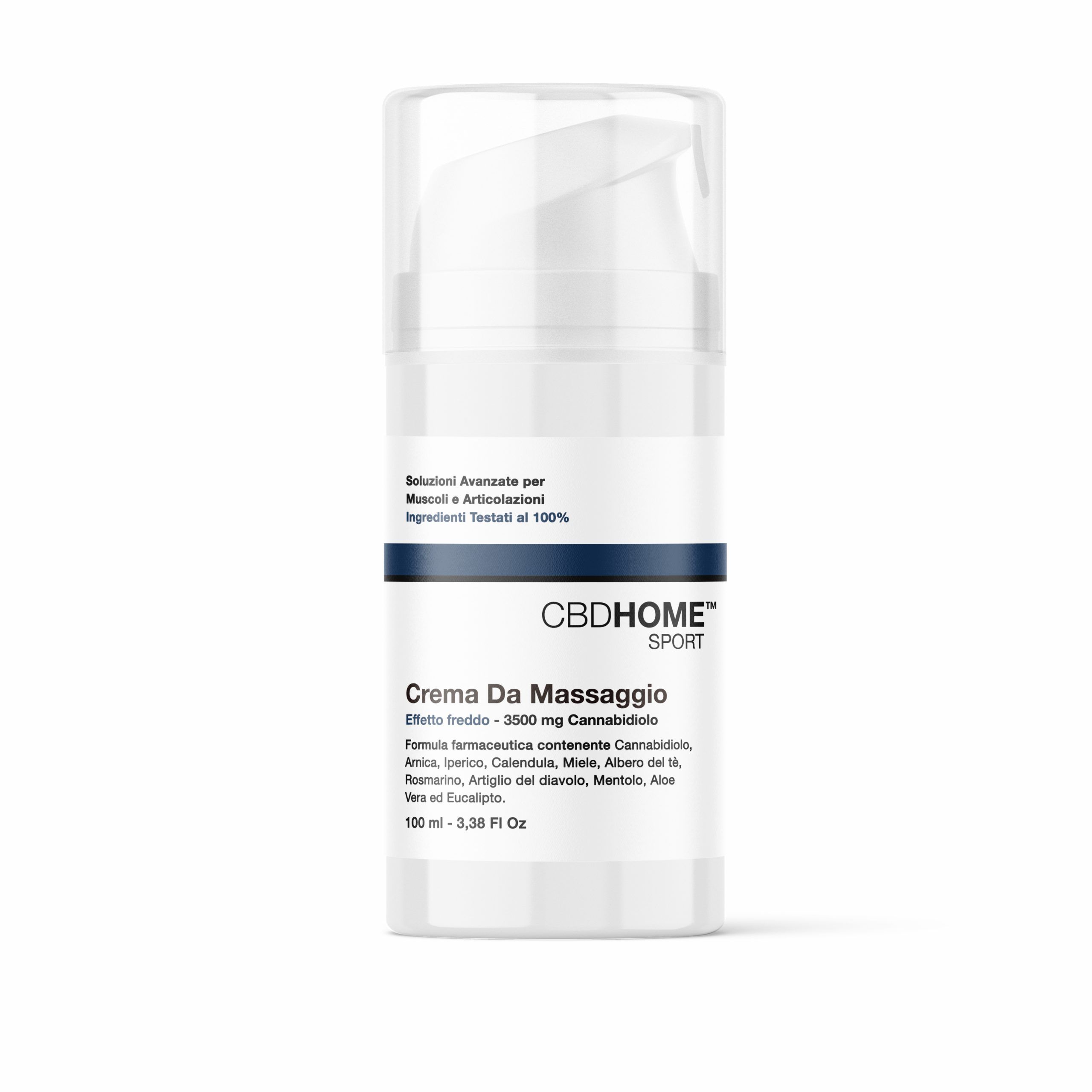 Crema da massaggio CBDHOME Sport Fredda con 3500 mg di CBD in un dispenser con pompa.