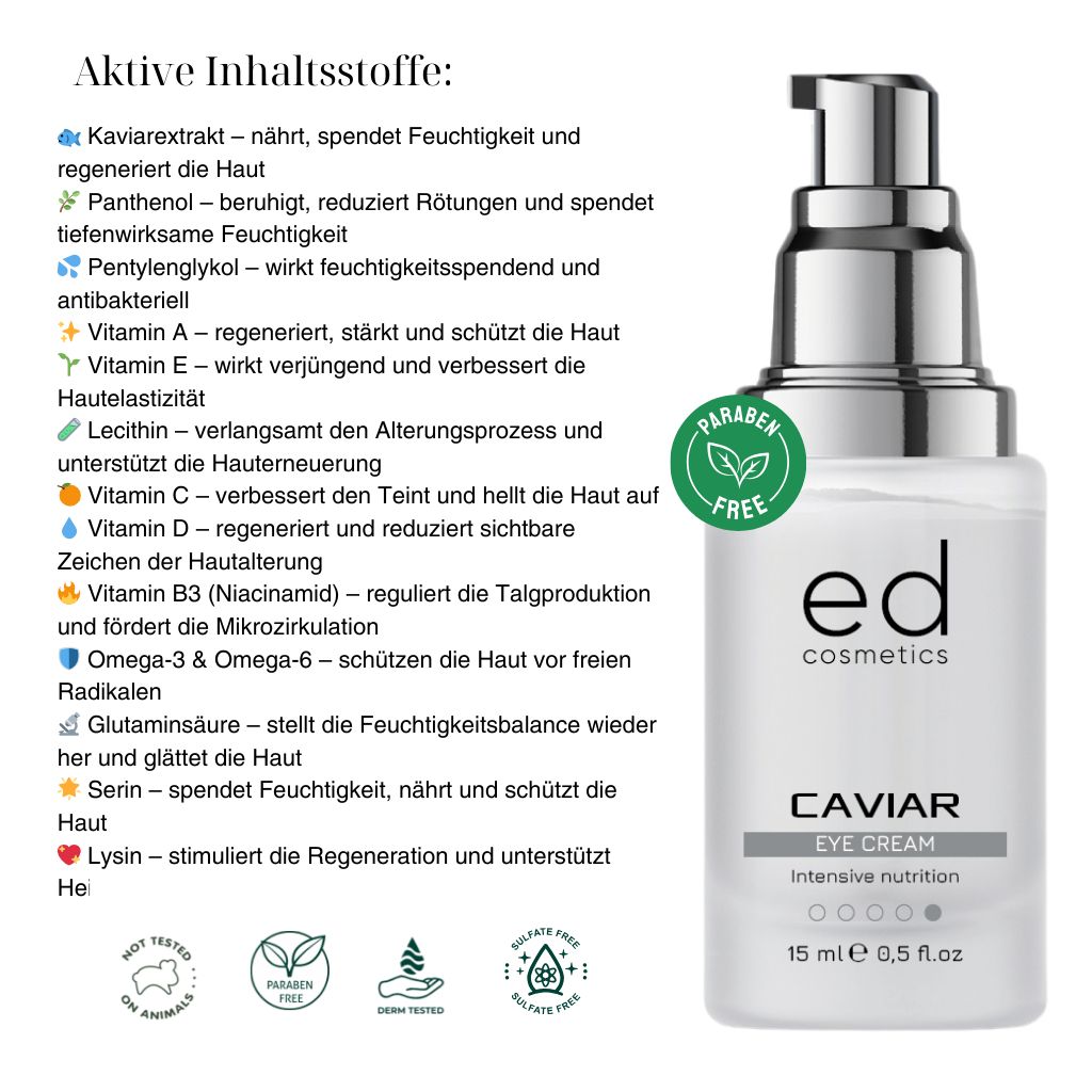 Flacone di crema occhi con erogatore argentato. Testo: ED cosmetics, Caviar Eye Cream, 15 ml. Loghi verdi.