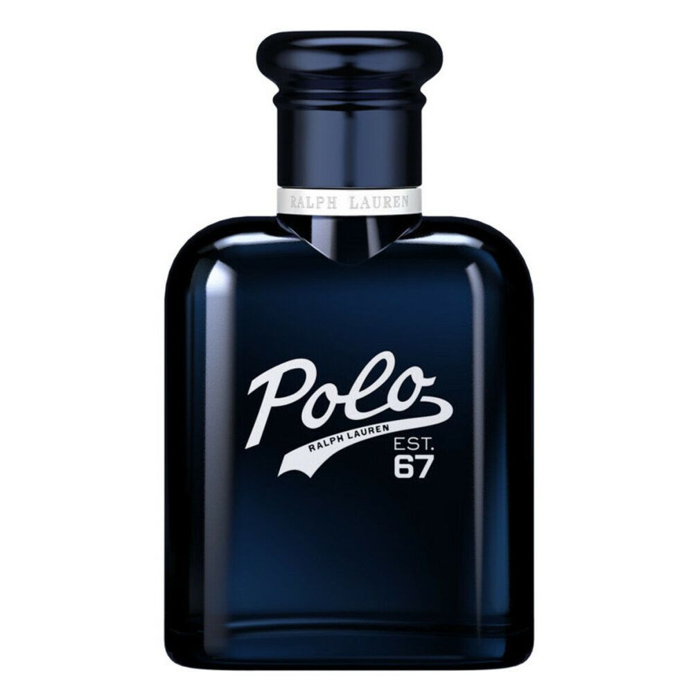 Flacone blu scuro con scritta bianca "Polo" e "RALPH LAUREN EST. 67". Tappo nero.