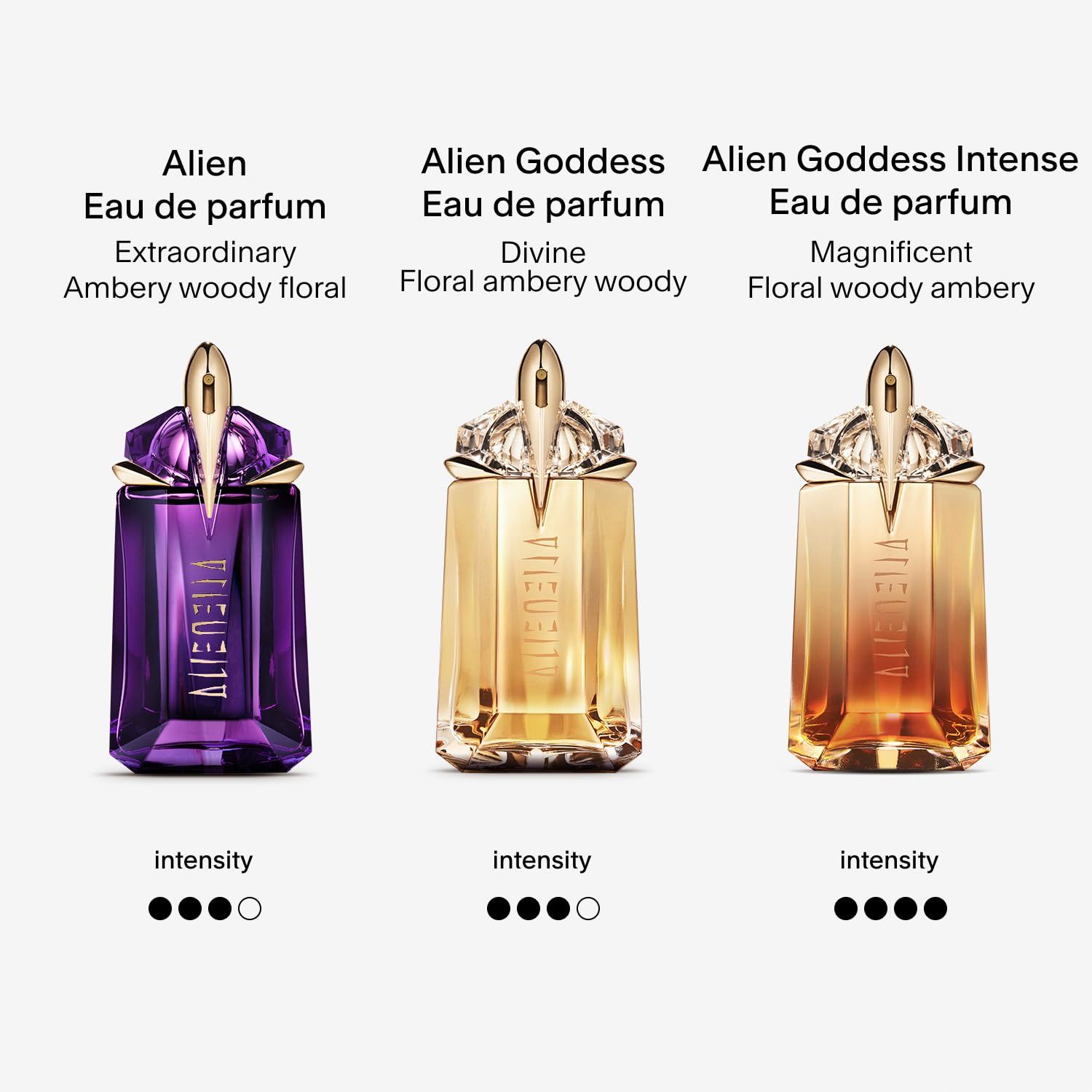 Tre flaconi Thierry Mugler Alien Eau de Parfum. A sinistra: Alien. Al centro: Alien Goddess. A destra: Alien Goddess Intense.