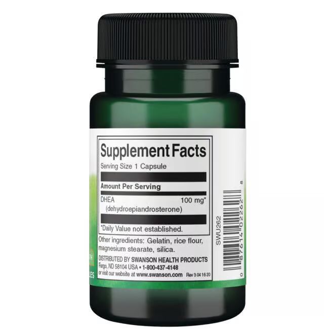 Retro di un flacone verde con tappo nero. Scritta: Supplement Facts. DHEA 100 mg. Ingredienti: gelatina, farina di riso, magnesio stearato, silice.