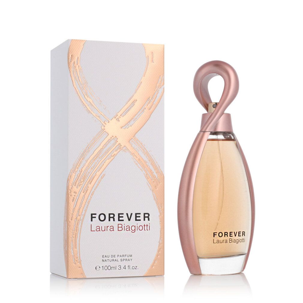 Flacone di profumo con confezione. Flacone con cornice e tappo rosa. Confezione con design dorato.