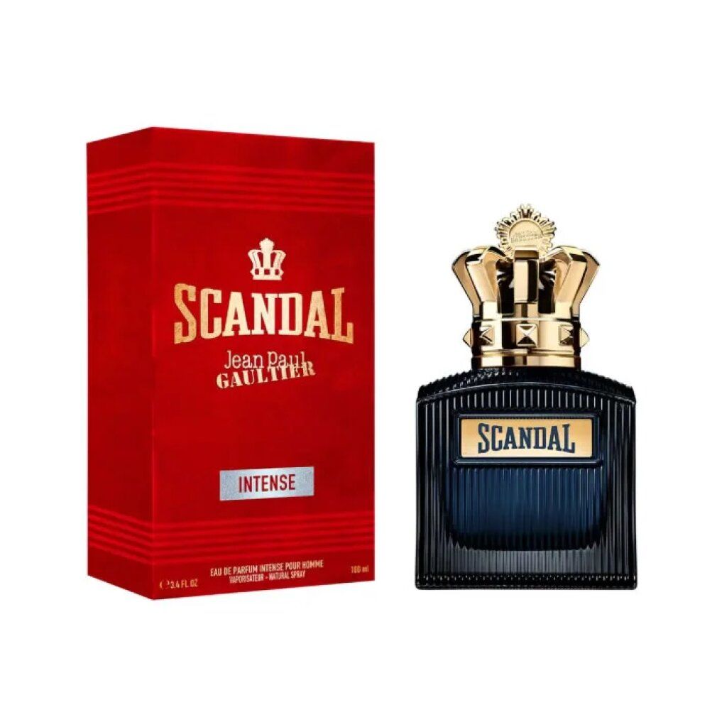 Confezione rossa e flacone. Flacone con corona dorata, etichetta "SCANDAL". Confezione con scritta "INTENSE".