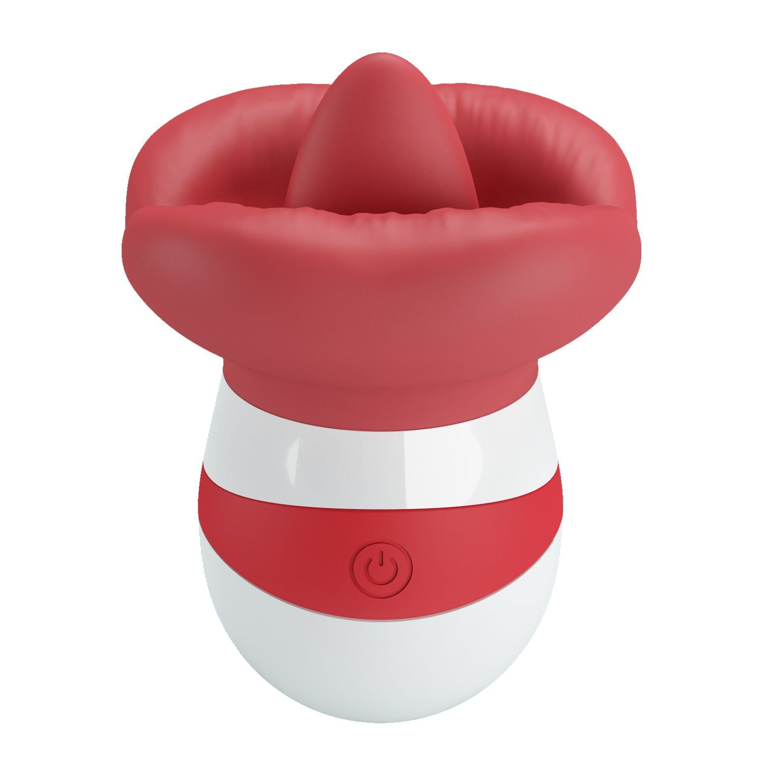 Dispositivo bianco e rosso con punta e forma a bocca rosse. Pulsante on/off. Forma rossa arrotondata in alto.