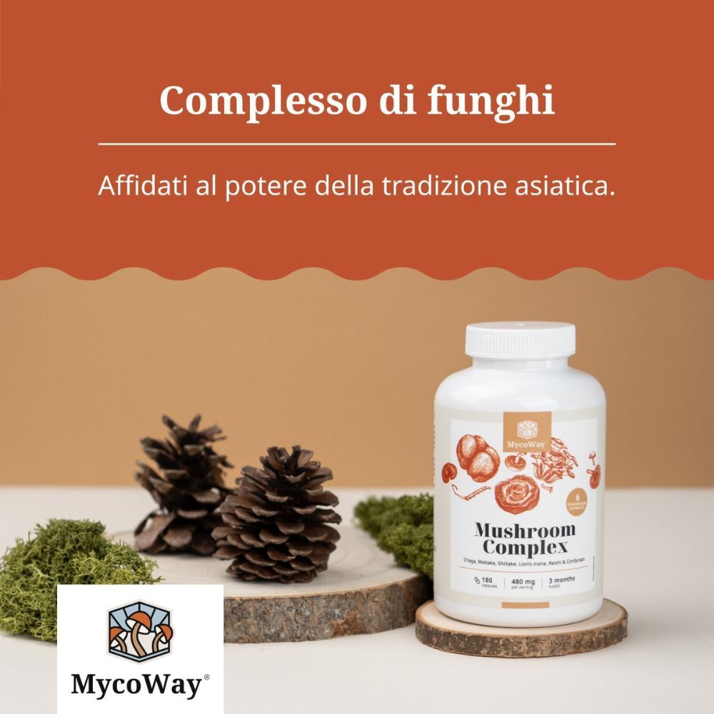 Sfondo marrone con flacone bianco. Scritta: Mushroom Complex. 180 capsule. Contiene L-Leucina.