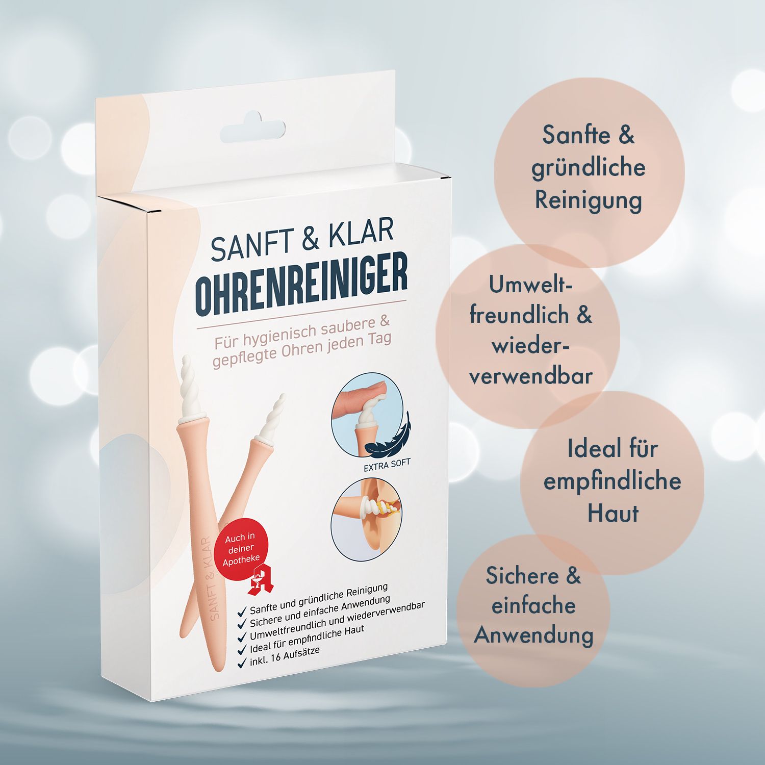 Confezione del prodotto con testo: SANFT & KLAR Ohrenreiniger. Bastoncini di pulizia rosa. Caselle di testo: pulizia delicata, ecologica, ideale per pelli sensibili.