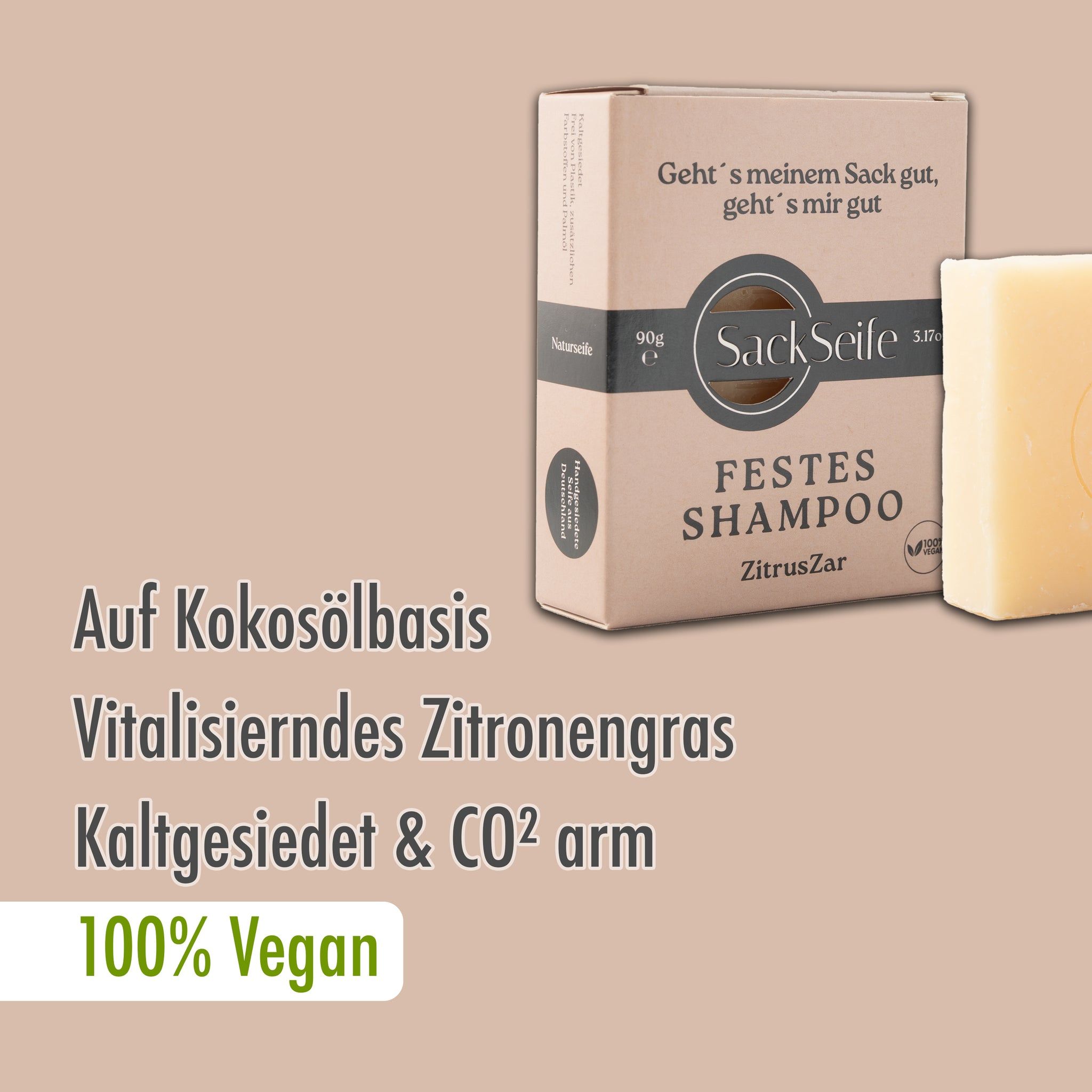 Confezione e panetto di shampoo. Scritta: SackSeife, Shampoo solido ZitrusZar. Testo: A base di olio di cocco, 100% Vegan.