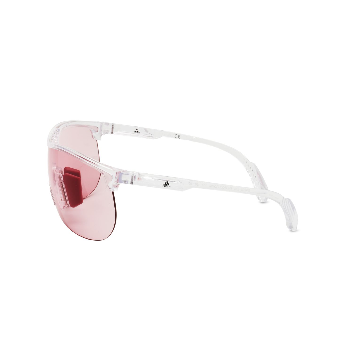 Occhiali da sole sportivi trasparenti con lenti rosa e logo Adidas.