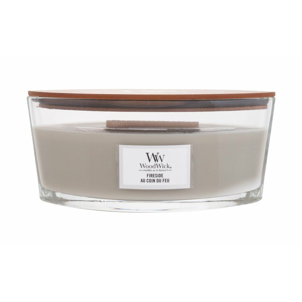 Candela ellittica con coperchio in legno. Scritta: Fireside.