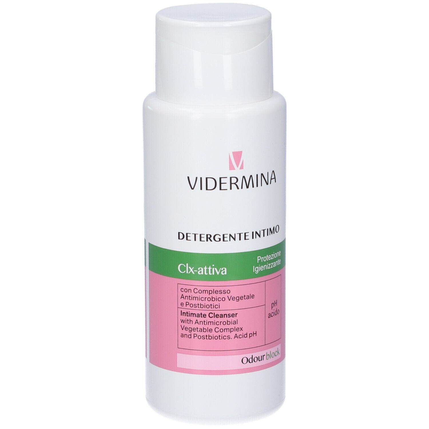 Vidermina CLX-attiva Detergente intimo, vista frontale del flacone bianco con accenti rosa e verdi.