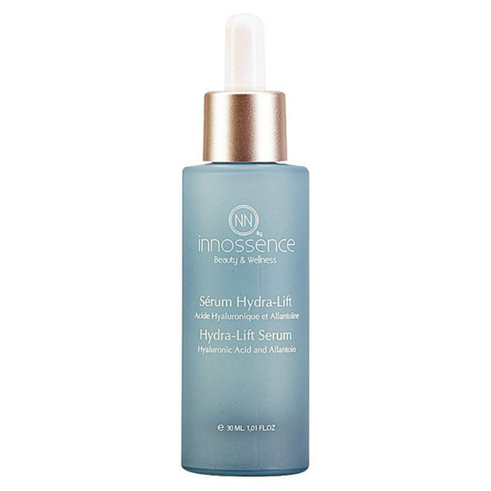 Flacone di siero blu con tappo dorato e pipetta. Scritta: Innossence, Hydra-Lift Serum. 30 ml.