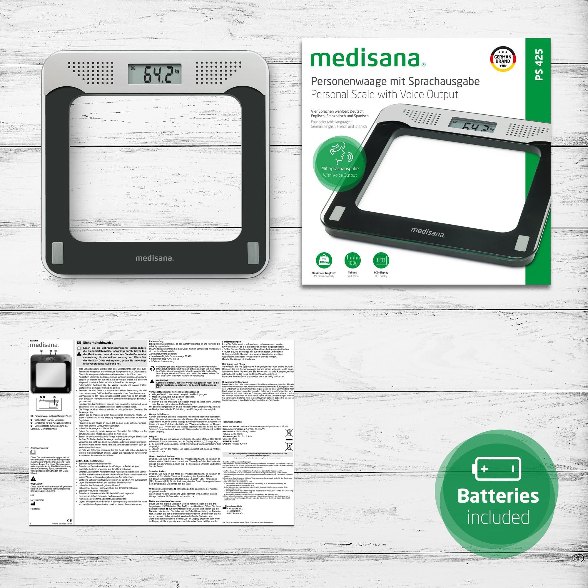 Confezione del prodotto e accessori. Bilancia, confezione, batterie, manuale. Prodotto: bilancia personale medisana PS 425.