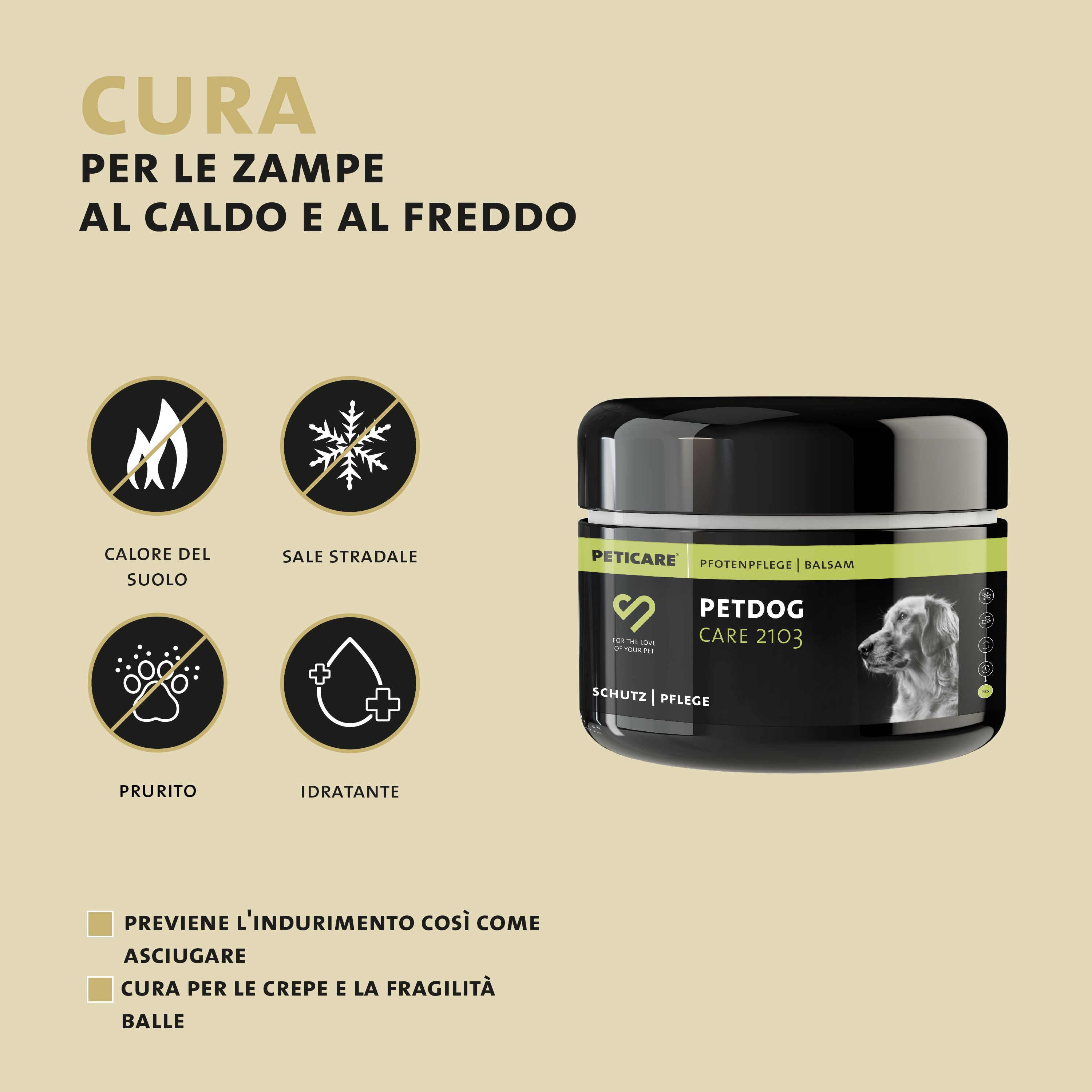 Barattolo di prodotto con testo: PETDOG CARE 2103. Cura delle zampe per caldo e freddo. Simboli: calore, freddo, prurito, idratante.