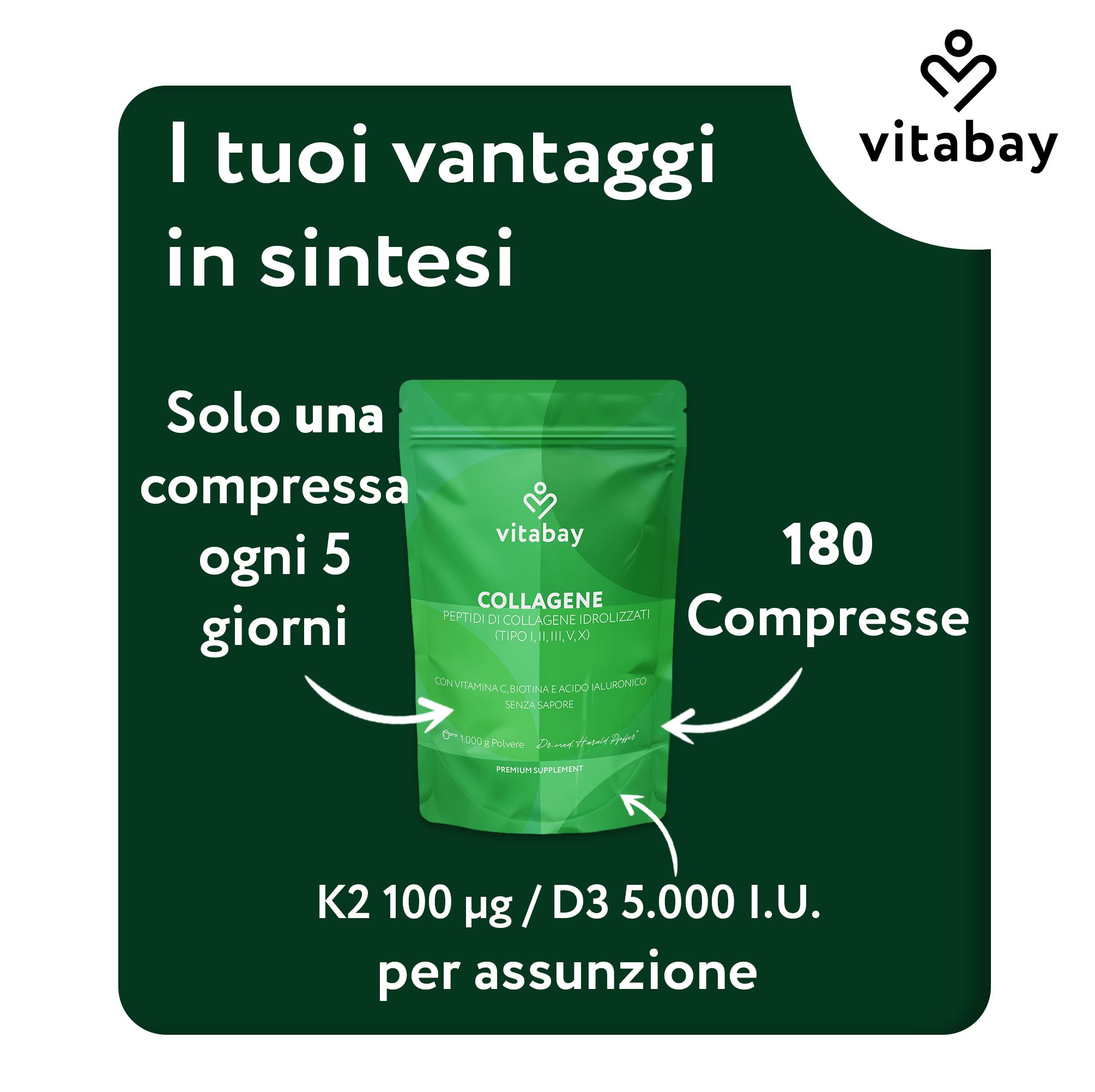 Grafico che mostra l'alta biodisponibilità del Vitabay Collagen grazie a piccoli peptidi rispetto al Collagen classico.