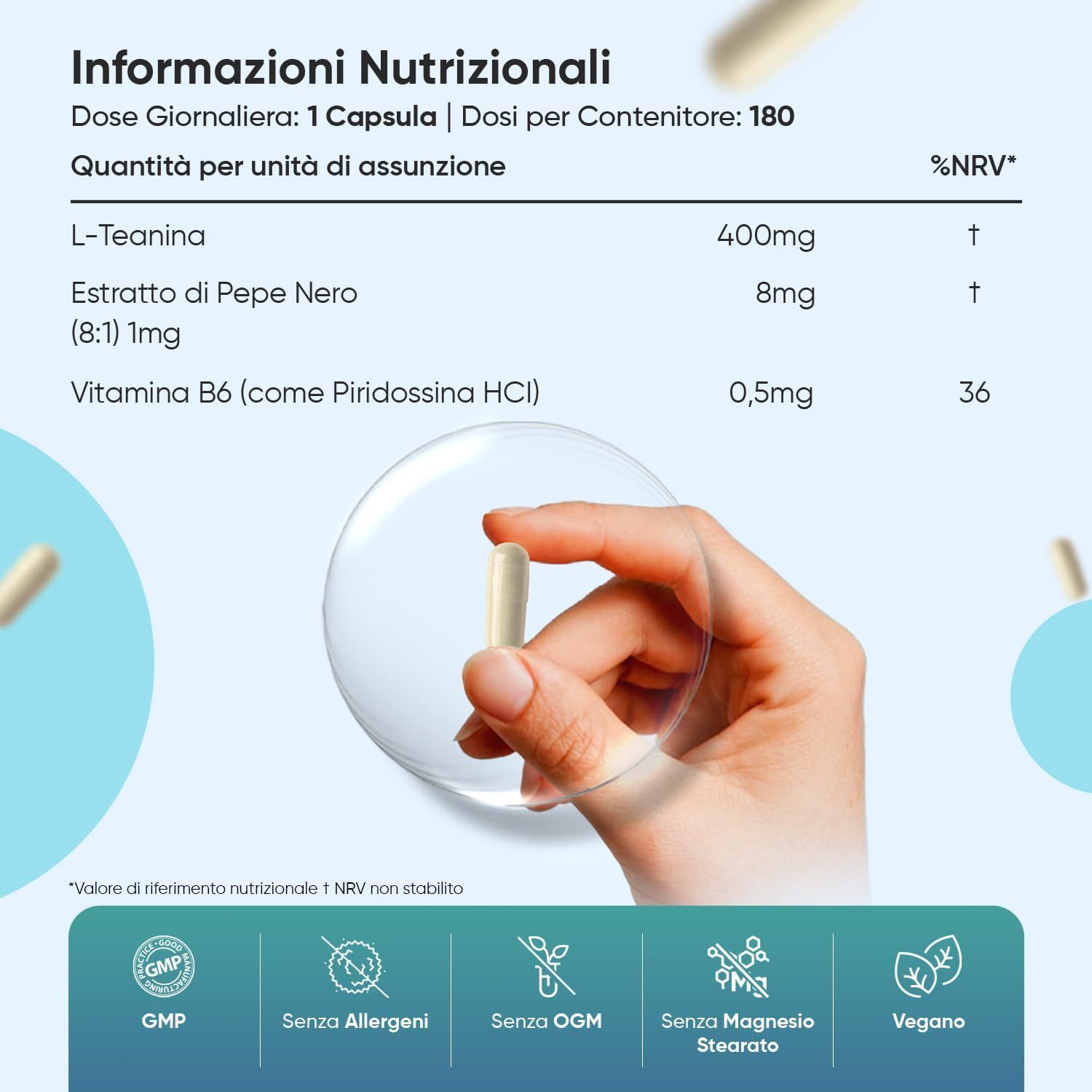 Mano che tiene una capsula. Testo: Informazioni nutrizionali. L-Teanina 400mg, Estratto di pepe 8mg, Vitamina B6 0,5mg.