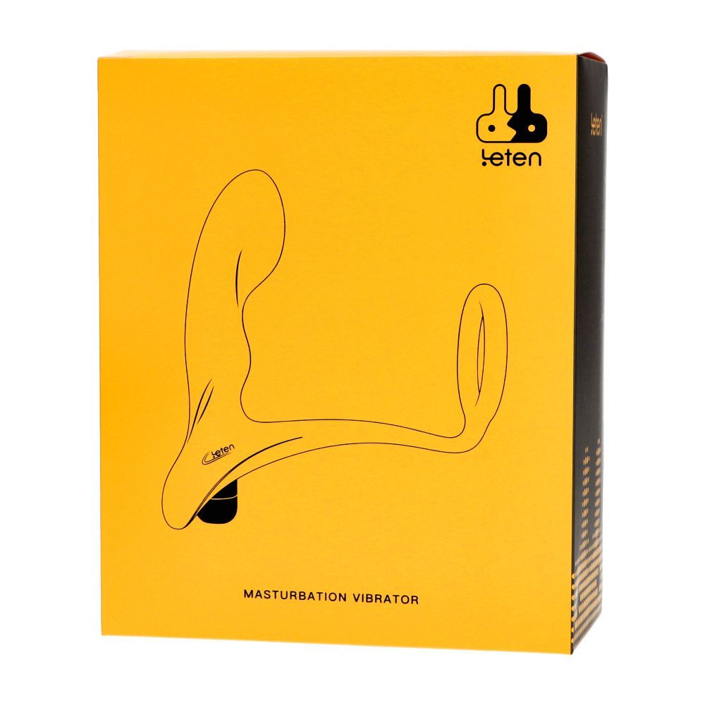 Confezione gialla con disegno nero del prodotto. Testo: 'Masturbation Vibrator'. Marchio 'leten'.