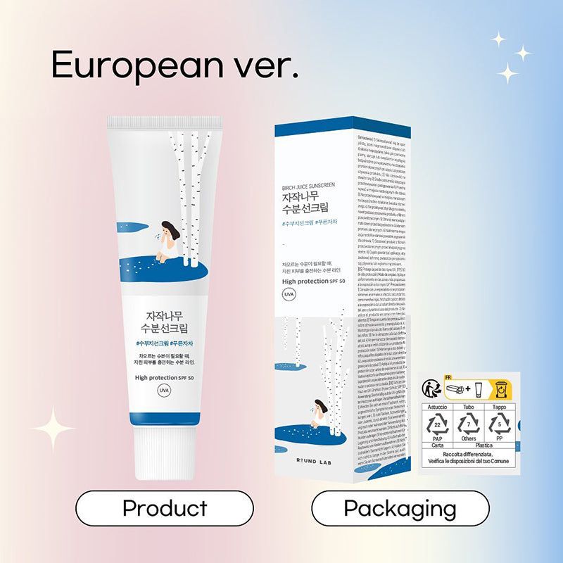 Tubo bianco, scatola e testo. Testo: Versione europea. Prodotto, Imballaggio. Simboli di riciclaggio.