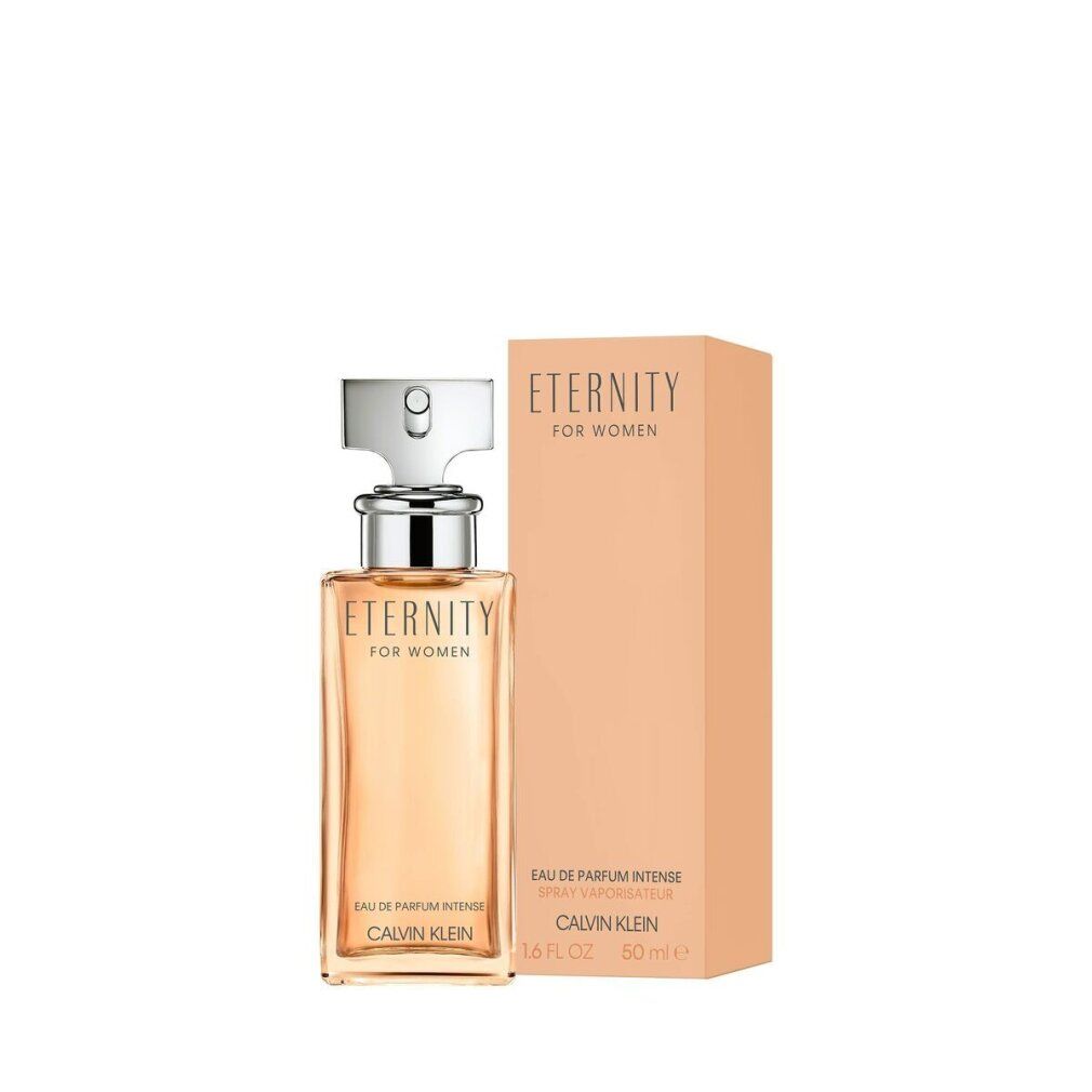 Flacone e confezione. Flacone: rettangolare, tappo argentato. Confezione: beige, rettangolare. Scritta: Eternity for Women, Calvin Klein.