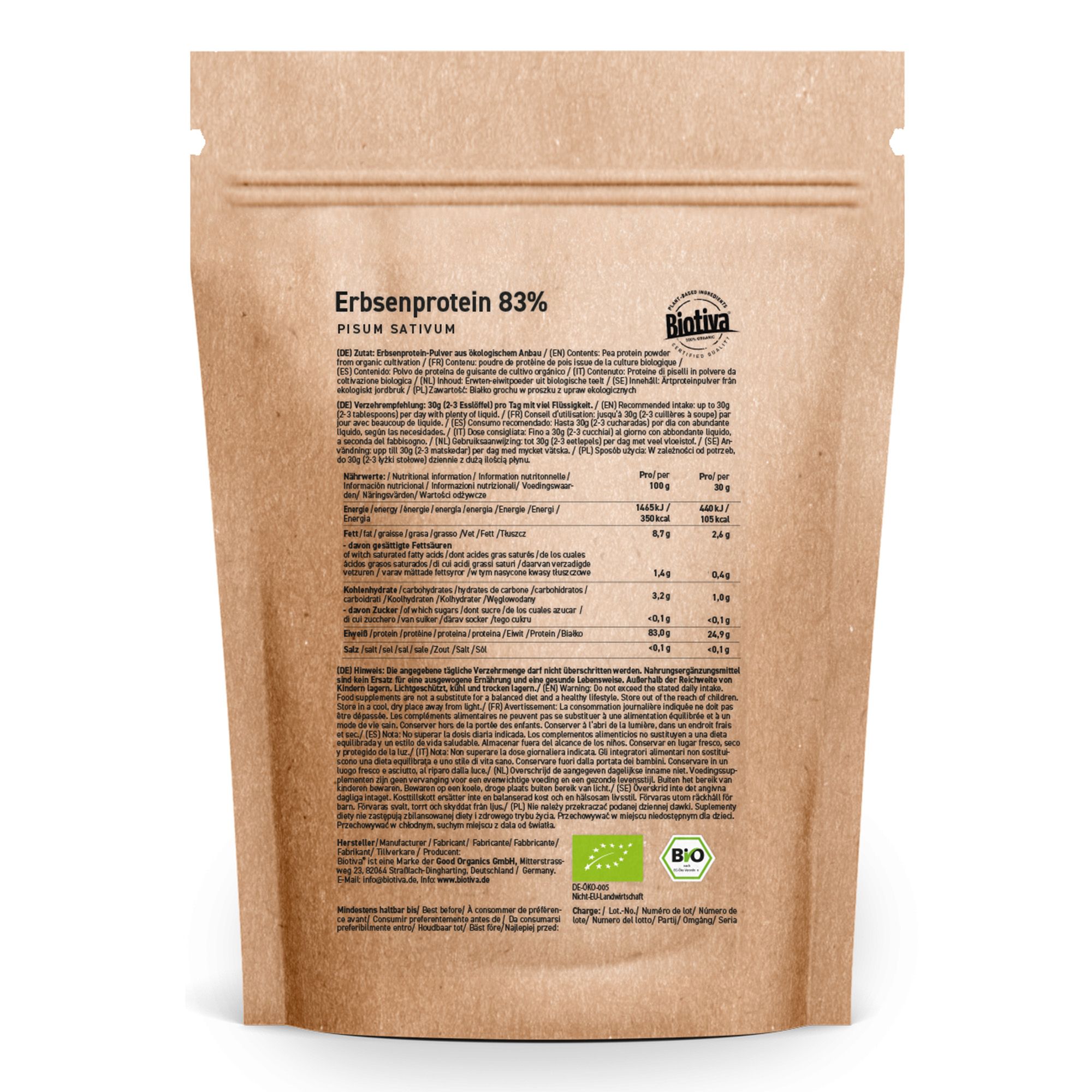 Confezione in carta marrone con stampa. Contiene proteine dei piselli 83%. Marchio: Biotiva. Sigillo biologico.
