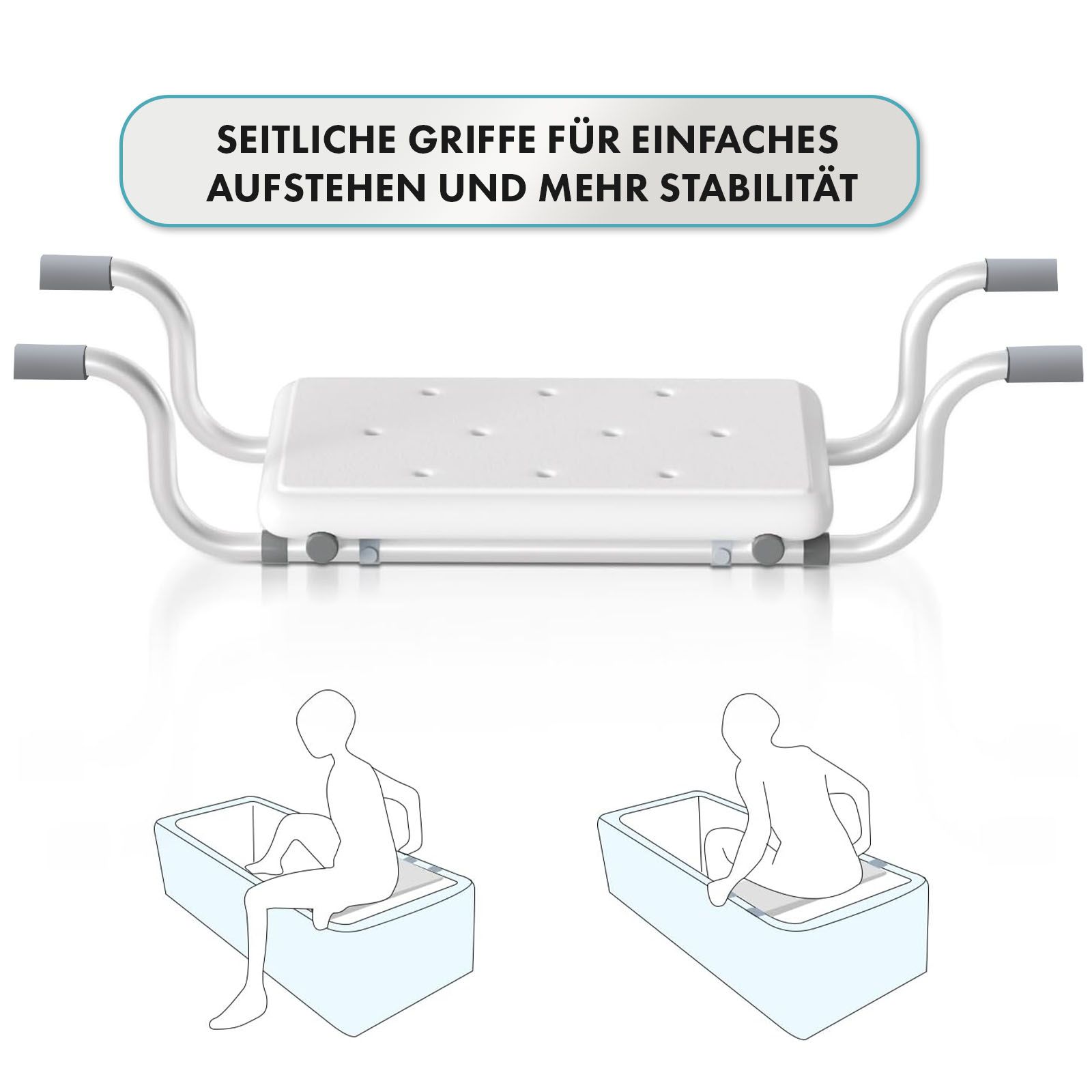 Sedile vasca con maniglie laterali. Illustrazioni mostrano l'uso. Per alzarsi facilmente.