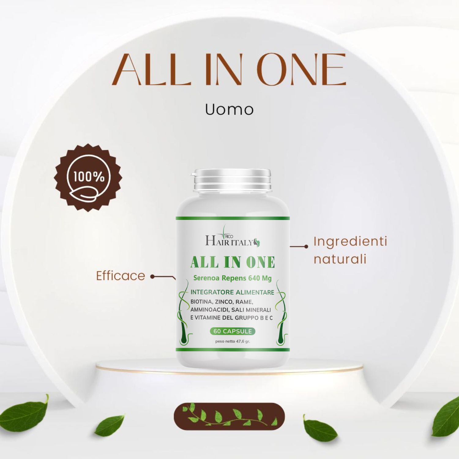 Flacone bianco con etichetta verde. Scritta: Trico Hair Italy, All in One, 60 capsule. Logo 100%.
