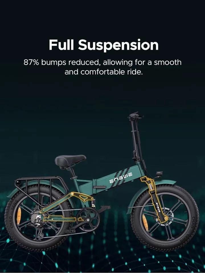 Bicicletta con testo: Full Suspension. Logo ENGWE. Rappresentazione schematica della sospensione.