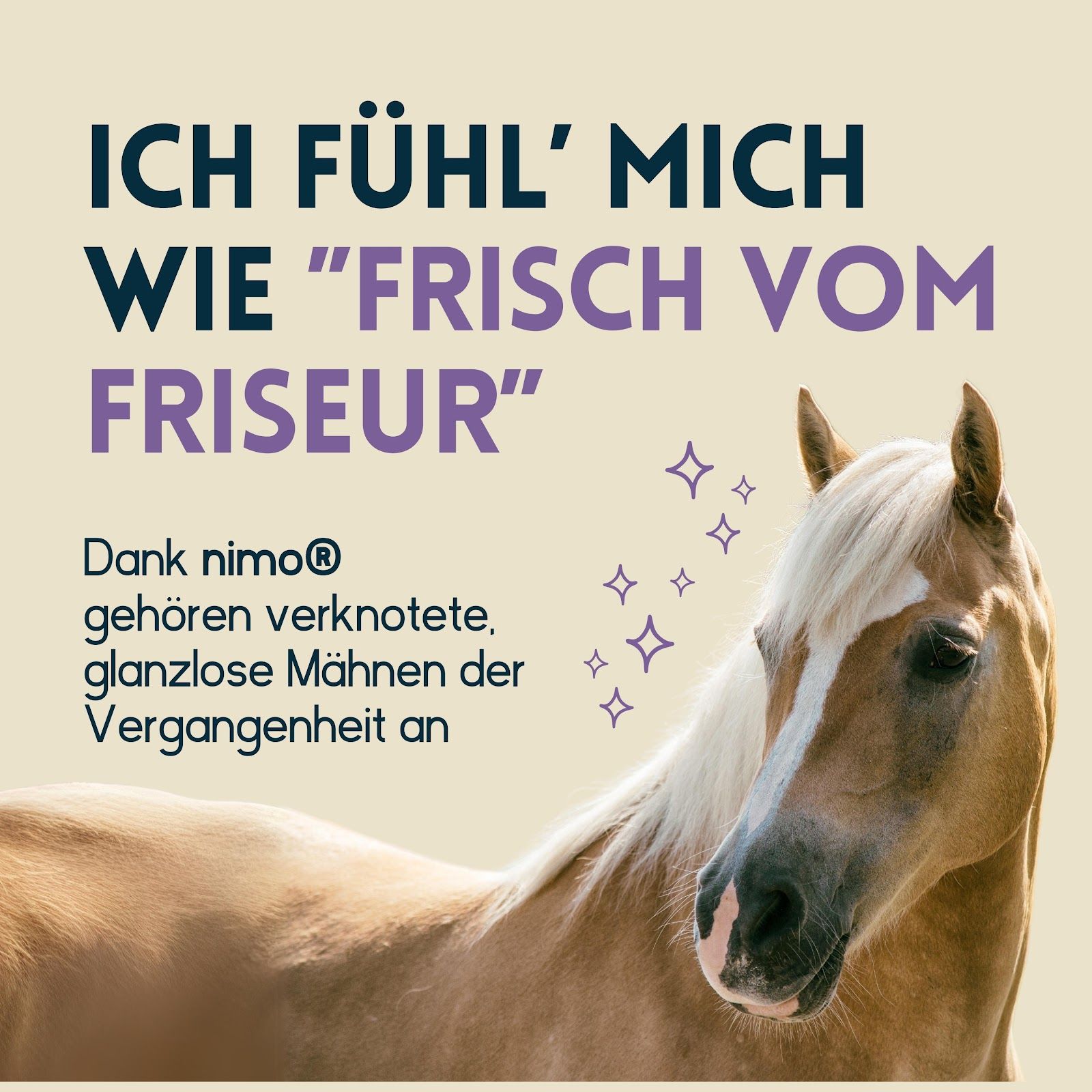 Testa di cavallo con criniera lucida. Testo: Mi sento come "appena uscito dal parrucchiere". Grazie a nimo®... criniere opache del passato.