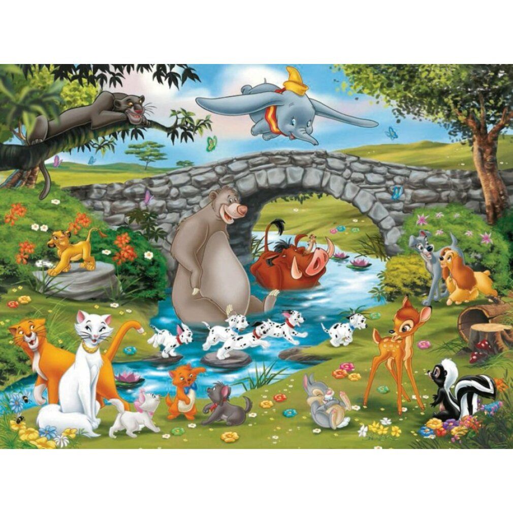 Puzzle con motivo Disney: animali vicino al fiume. Vari personaggi. 100 pezzi. Senza confezione.