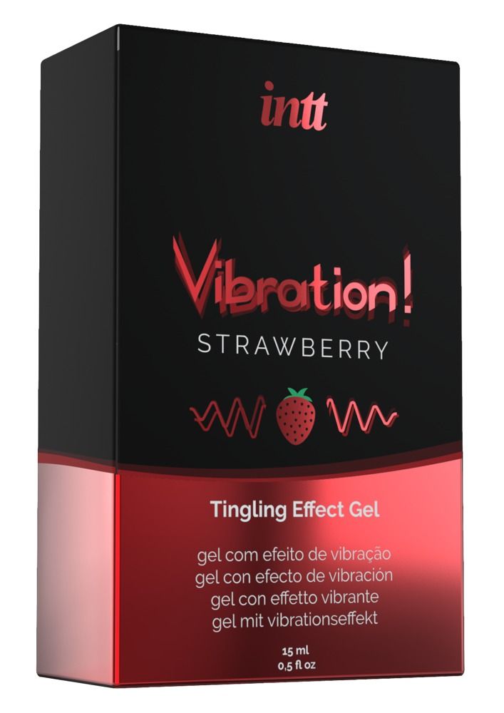 Confezione nera con testo rosso. Nome prodotto: Vibration! Strawberry Tingling Effect Gel. Marchio: INTT. Illustrazione fragola.