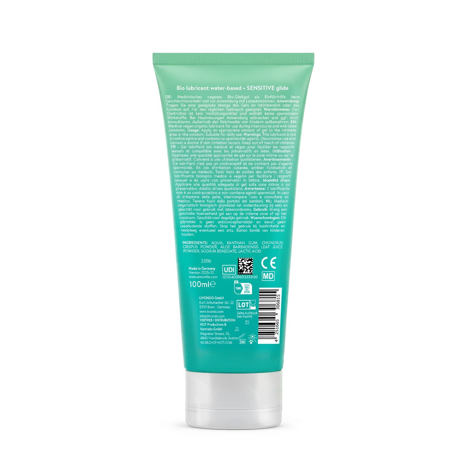 Retro di un tubo verde. Testo in tedesco. Contiene informazioni e certificazioni.