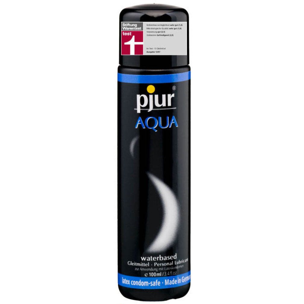 Flacone nero con fascia blu. Scritta: pjur AQUA. Testo: water-based personal lubricant, super slippery long lasting. Con sigillo.
