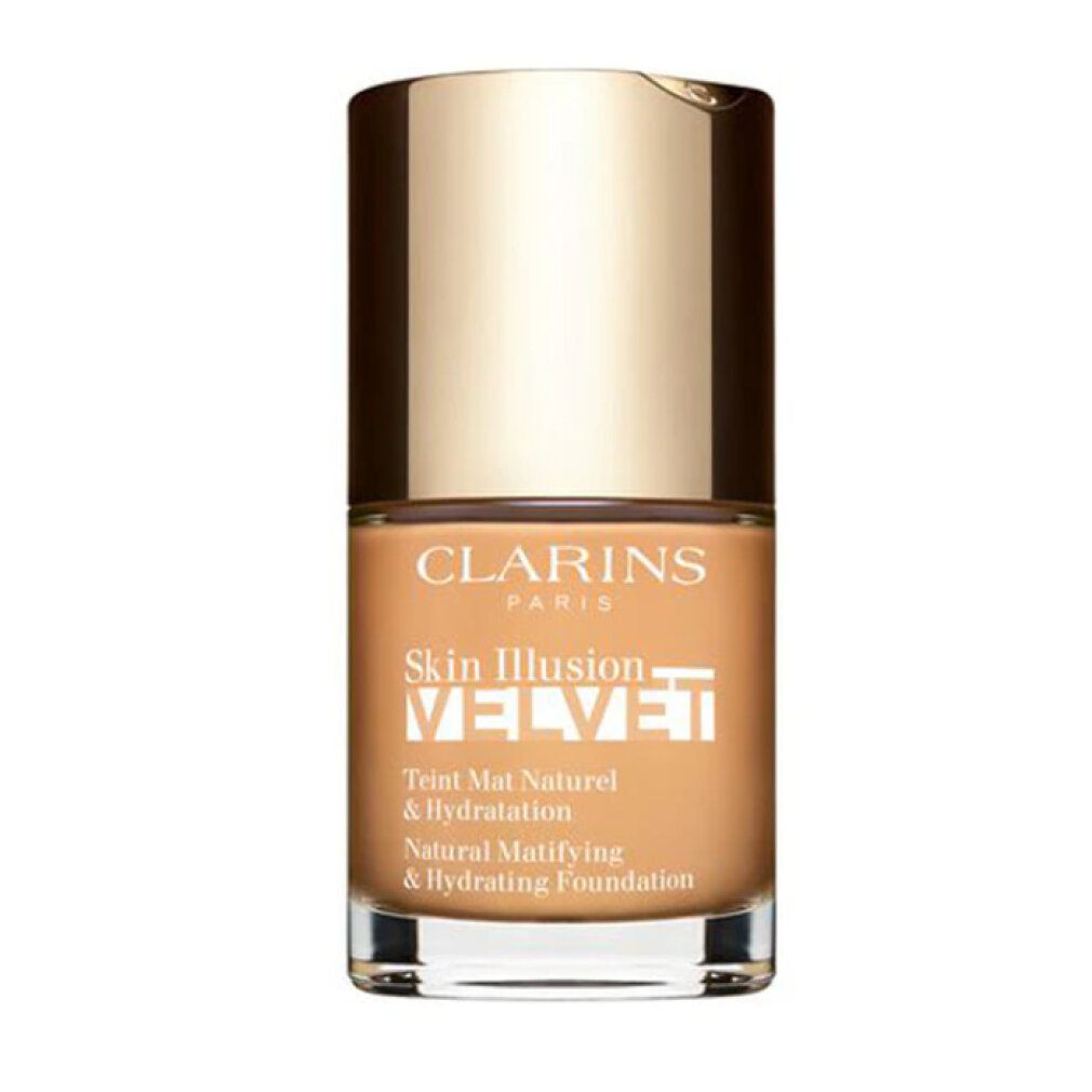 Flacone di fondotinta. Marchio Clarins. Skin Illusion Velvet. Tappo dorato, liquido beige. Testo: Natural Matifying & Hydrating Foundation.