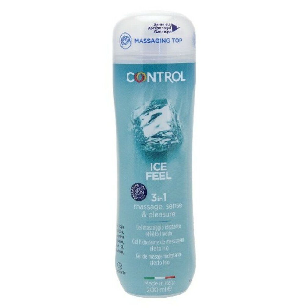Flacone turchese con tappo bianco. Scritta: CONTROL, ICE FEEL, 3in1. Gel per massaggio, senso e piacere. Prodotto in Italia.