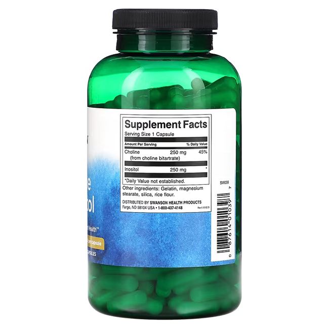 Retro del flacone verde SWANSON Choline & Inositol. Informazioni nutrizionali. 250 mg di colina e inositolo per capsula.