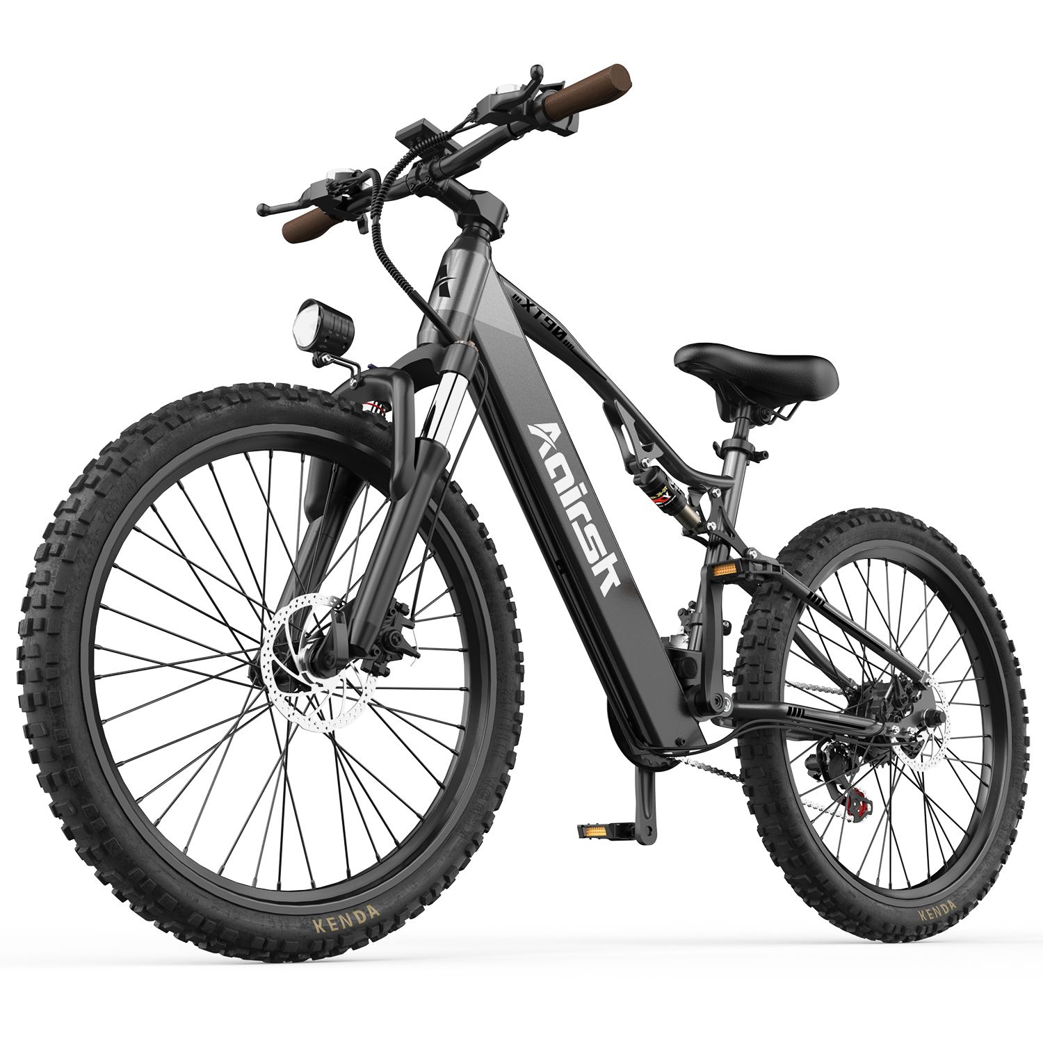 E-bike nera con pneumatici larghi, faro, manopole marroni e marchio Anirsk.