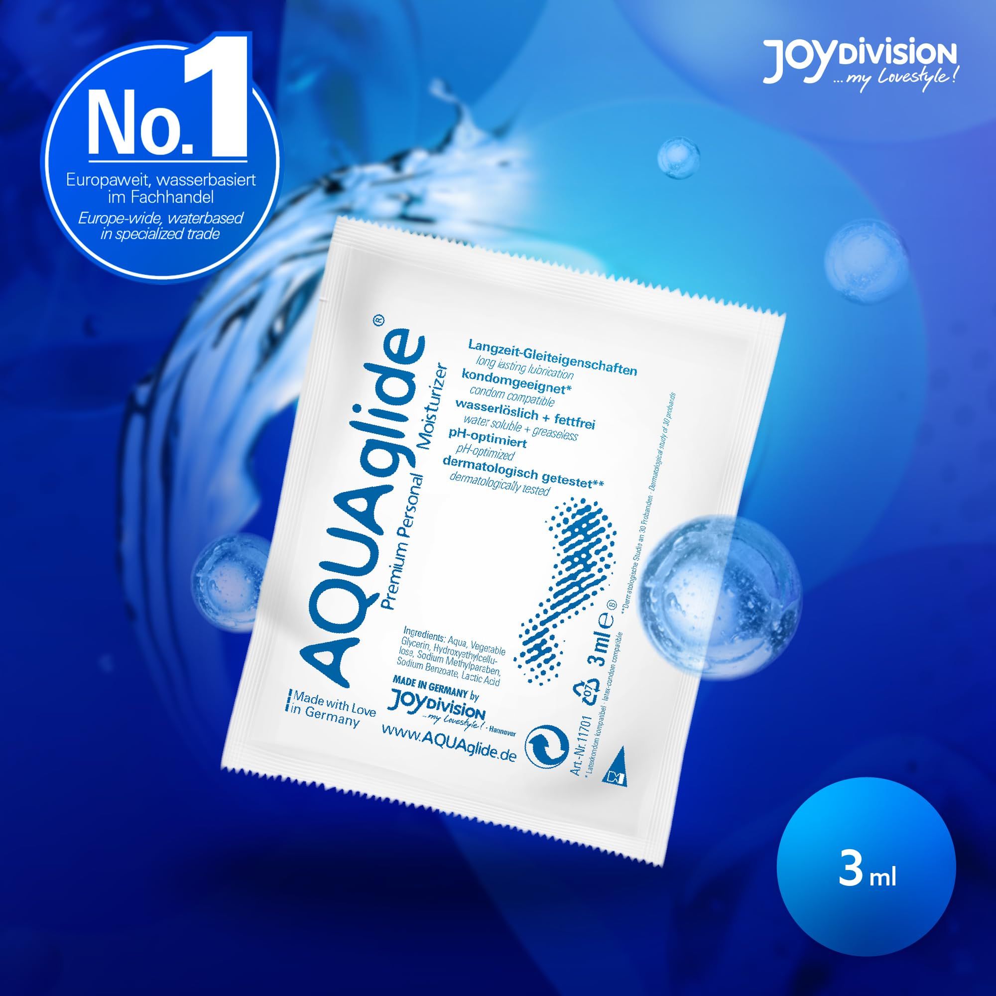Confezione AQUAGLIDE gel lubrificante, 50 pezzi, con design acquatico.