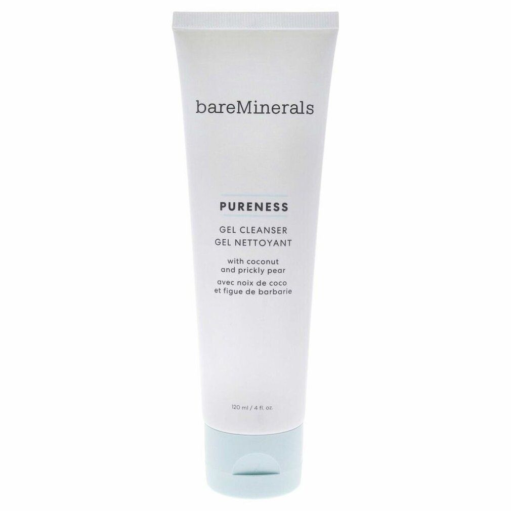 Tubo bianco con base azzurra. Scritta: bareMinerals, PURENESS, GEL CLEANSER, GEL NETTOYANT.