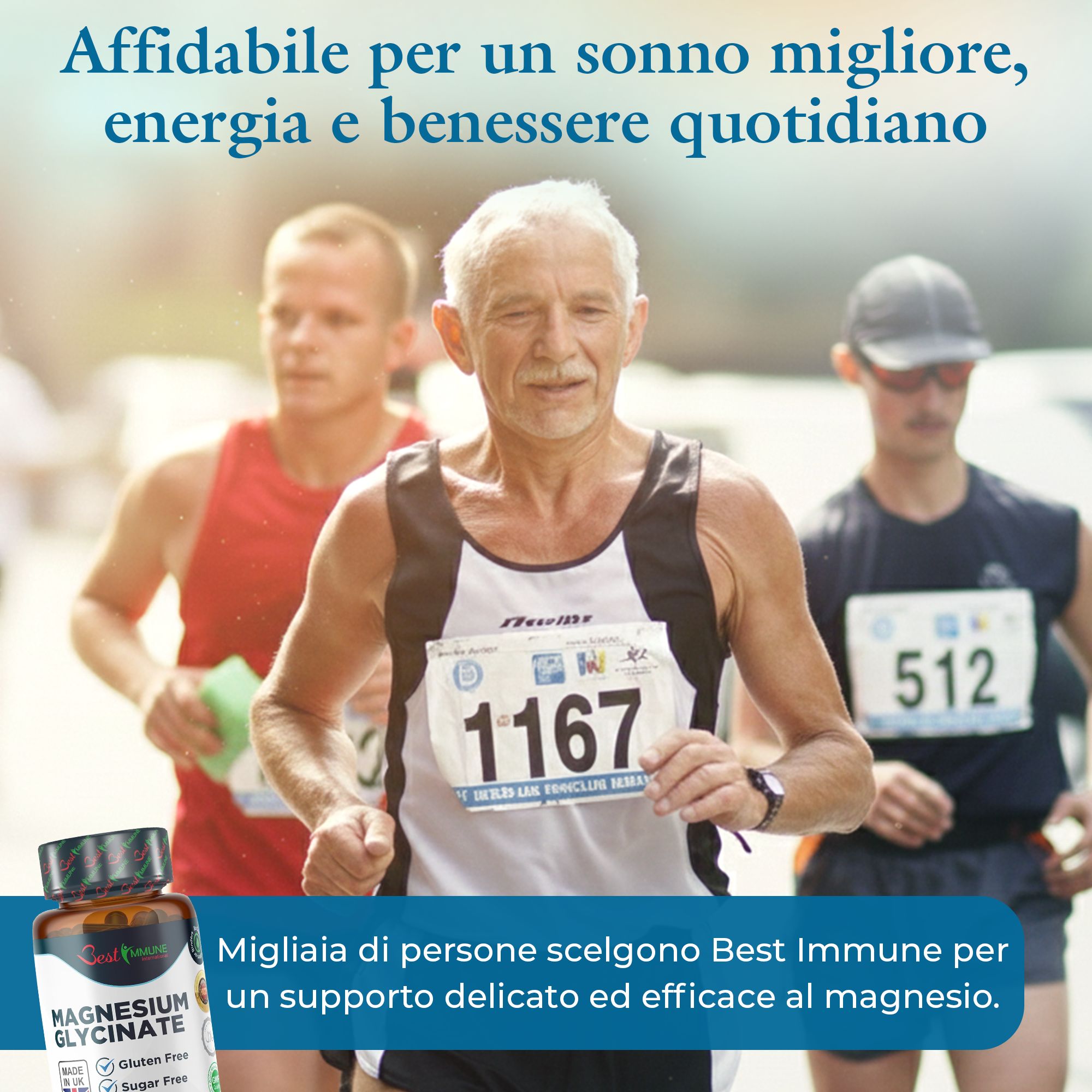 Diverse etichette multilingue per prodotti di magnesio glicinato.